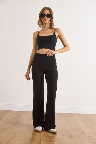 Olalook Kadın Siyah Beli Katlamalı Yumoş Dökümlü Pantolon PNT-19000373