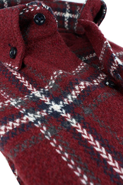 Varetta Men's Burgundy Thick Winter Plaid Lumberjack Shirt – Wide Cut Fall Winter Trend Shirt with Pockets