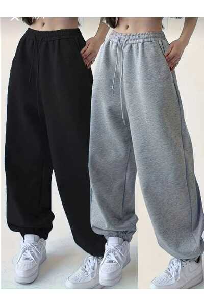 Genel Markalar İKİLİ Kışlık Şardonlu Siyah Gri Büyük Beden Paça Lastikli Eşof...