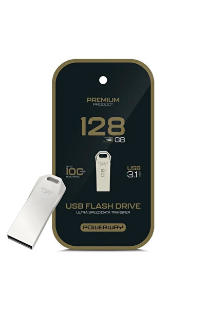 POWERWAY ذاكرة فلاش معدنية فضية فائقة السرعة بسعة 128 جيجابايت وسرعة 100 ميجابايت/ثانية من نوع USB 3.1