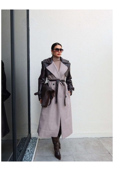 ESRAHELVACI Leather Detail Herringbone Coat