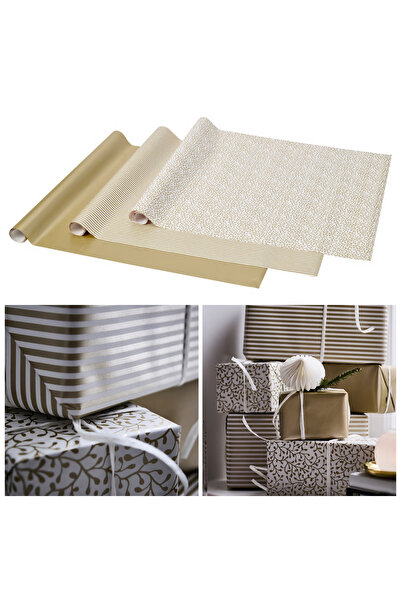 IKEA Vinterfint Çizgili Altın Desenli 3 Lü Set Rulo 9 Mt Hediye Paketi Kağıdı...