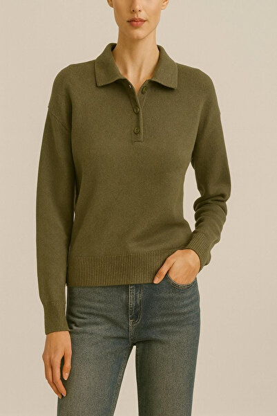 VıoShıne Kadın Polo Yaka Düğmeli Basic Düz Triko Kazak