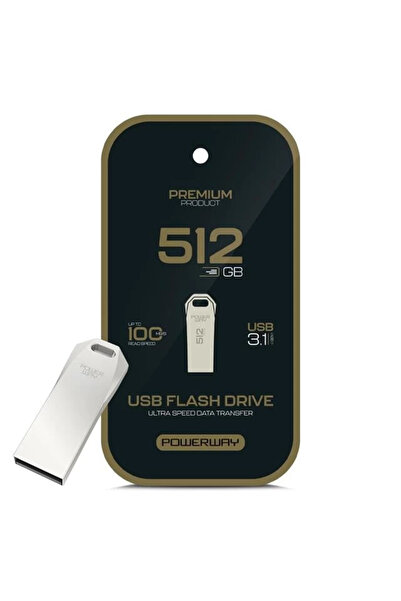 POWERWAY ذاكرة فلاش معدنية فضية فائقة السرعة بسعة 512 جيجابايت وسرعة 100 ميجابايت/ثانية من نوع USB 3.1