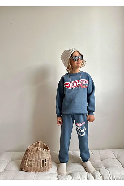 Patriko Boys' Car Printed Inner Fleece Lined Winter New Season Blue Color 3-10 Years Old Tracksuit Bottom and Top Set