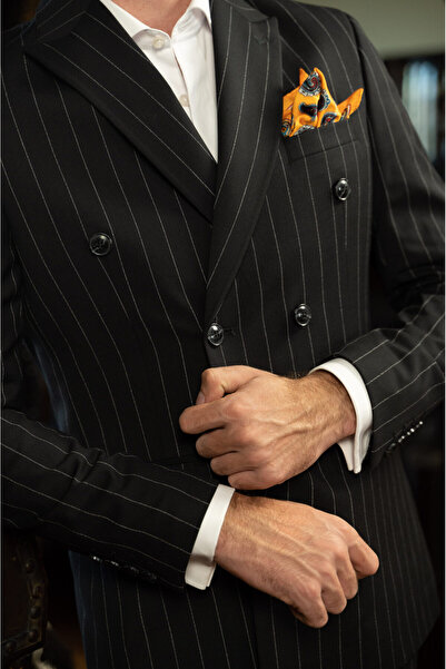 Couture For Gentlemen Men's Black Striped Double Breasted Tailored Fit Suit Cfg321