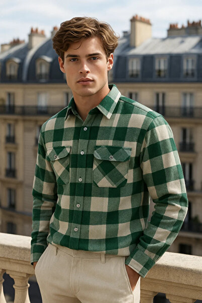 COMBİNE MİCHAİL Ανδρικό μακρυμάνικο χειμερινό πράσινο πουκάμισο ξυλοκόπος