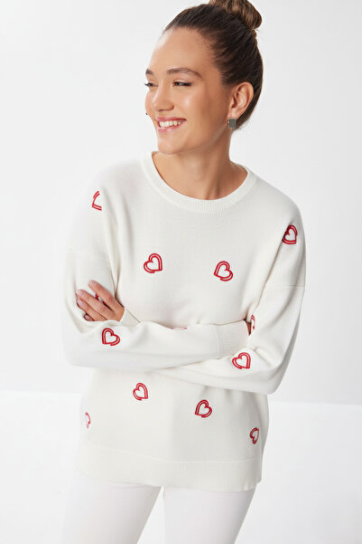 hayal giyim Heart Embroidered Knit Sweater - White