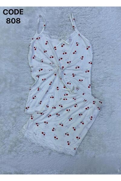 VAJESTO Kadın Beyaz İp Askılı Şortlu Pijama Takım Dantel Detaylı Gecelik Çeyizlik Kiraz Desenli Yumuşacık