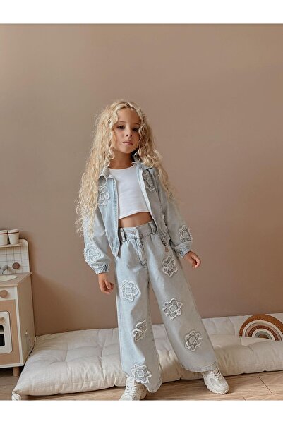 Patriko Girls' Denim Fabric Jeans Jacket - Denim Pants Flower Embroidery Patterned Jacket Jean Bottom Top Set 3-10 Years