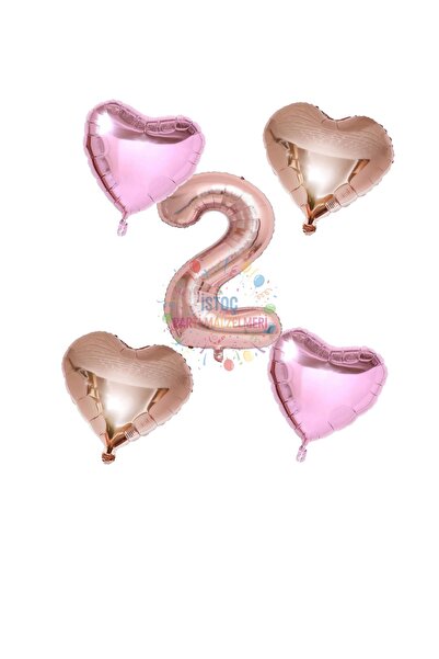 İSTOÇ PARTİ Rose Gold Number Heart and Pink Heart Foil Balloon Set Age 2