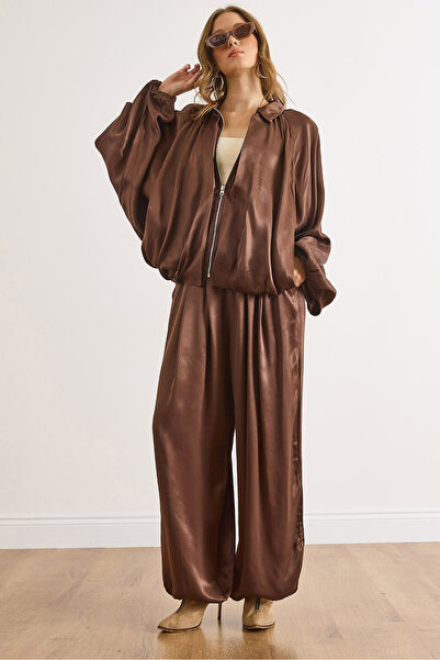 Olalook Γυναικείο Σετ Πουκάμισο Καφέ Σατέν Φαρδύ Παντελόνι TKM-19000446
