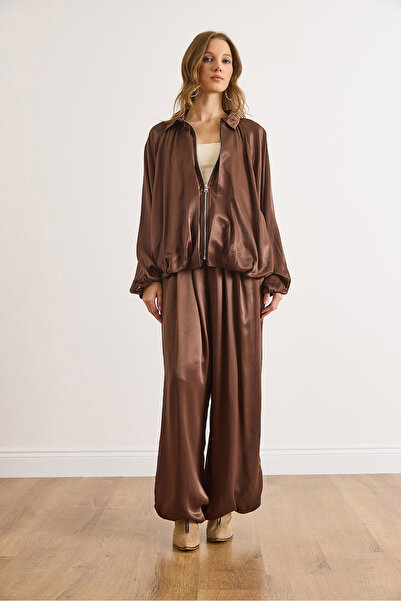 Olalook Γυναικείο Σετ Πουκάμισο Καφέ Σατέν Φαρδύ Παντελόνι TKM-19000446