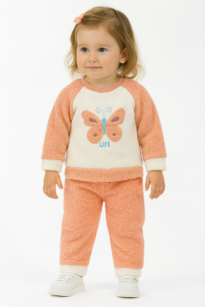 Bubito Butterfly Image Winter Plush Welsoft Baby Girl Children's 2-Piece Set-Orange