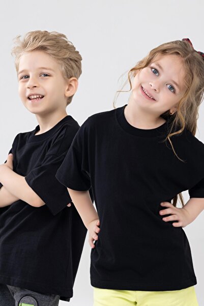 BAYKAR Tricou oversize unisex pentru copii, cu mânecă scurtă, 100% bumbac, negru