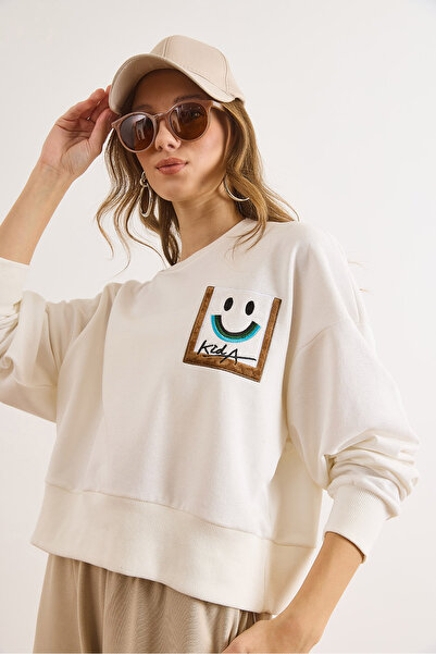 Olalook Hanorac alb pentru femei, cu detaliu cu fața zâmbitoare, fără șarzi, SWT-19000764