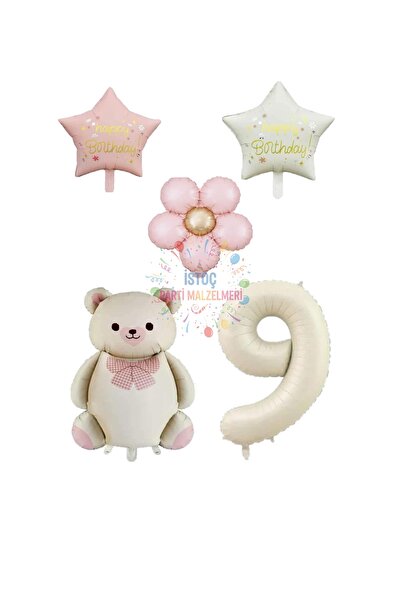 İSTOÇ PARTİ Cream Color Number and Teddy Bear Starry Daisy Foil Balloon Set A...