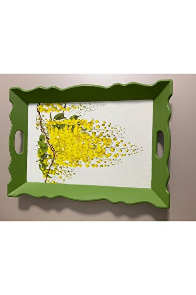 DERYA DESİNG ART Flower Patterned Hand Painted Wooden Tea-Coffee Tray, Presentation Tray 39X27Cm
