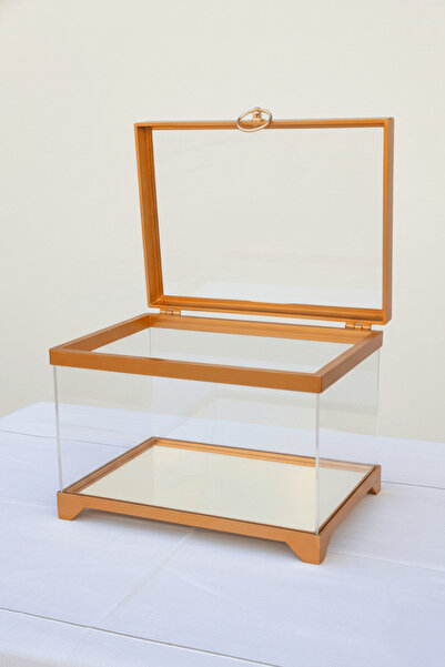 BYC Home & Design Altın/Gümüş Çerçeveli Pleksi Çeyiz Sandığı – Bohça, Söz, Nişan, Düğün İçin Kutlama Sandığı, 24×34×24