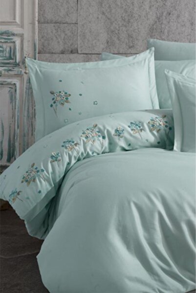 Çeyiz Diyarı Betty Cotton Satin Embroidered Duvet Cover Set Nile Green