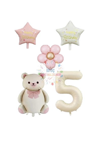 İSTOÇ PARTİ Cream Color Number and Teddy Bear Starry Daisy Foil Balloon Set A...