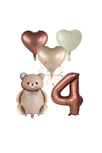 Generic Brand Brown Color Number Teddy Bear and Heart Foil Balloon Set Age 4