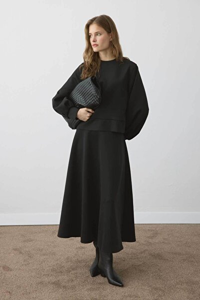 Hooopstore Balon Kol Scuba Black Skirt Suit