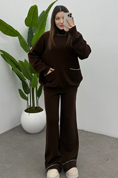 Bipantolon Women's Brown Turtleneck Pocket Detailed Sweater Pants Knitwear Set