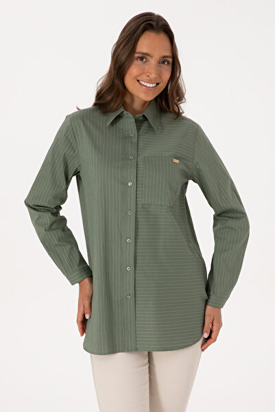 U.S. Polo Assn. Kadın Koyu Yeşil Uzun Kollu Çizgili Gömlek 50316387-VR079