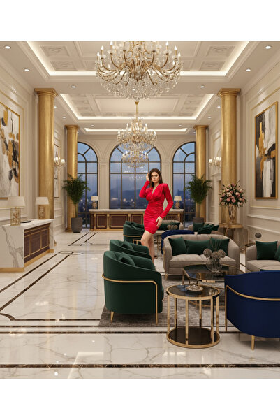 STYLENEST Kırmızı Kadife V Yaka Uzun Kollu Büzgülü Kalem Elbise - Şık Gece ve Davet Kombini