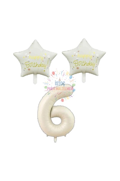 İSTOÇ PARTİ Beige Number and Happy Birthday Written Star Foil Balloon Set Age 6