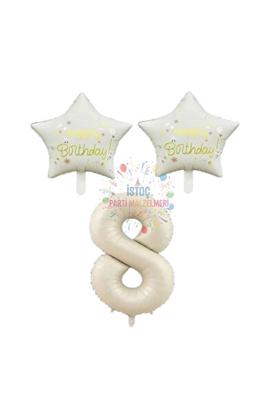 İSTOÇ PARTİ Beige Number and Happy Birthday Written Star Foil Balloon Set Age 8