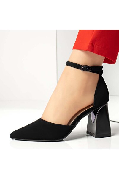 BMoD Pantofi de damă negri din piele întoarsă cu toc gros și baretă MOD13399