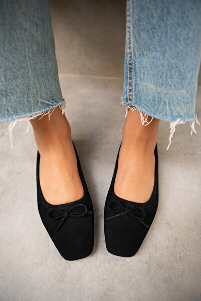 LAMİNTA Linda Black Suede Bow Detailed Women's Ballerinas