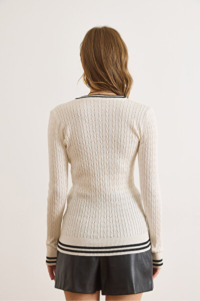 Olalook Жіночий светр з V-подібним вирізом, з смужками та плетеним візерунком KZK-19001027