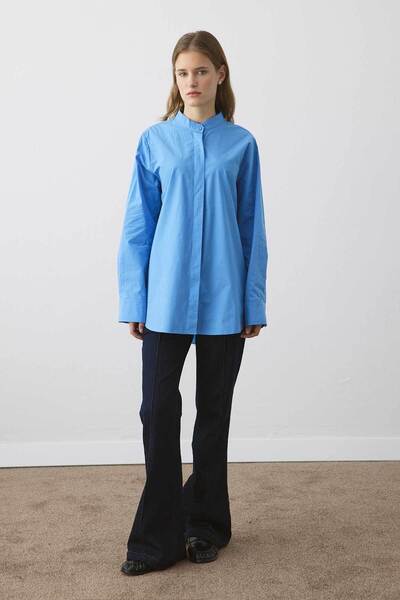 Hooopstore Cămașă albastră din poplin cu detaliu de legare detașabilă premium