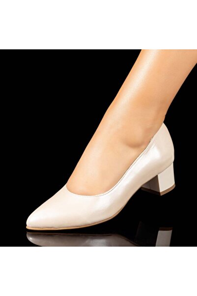 BMoD Pantofi de damă din piele bej cu toc jos MOD10243