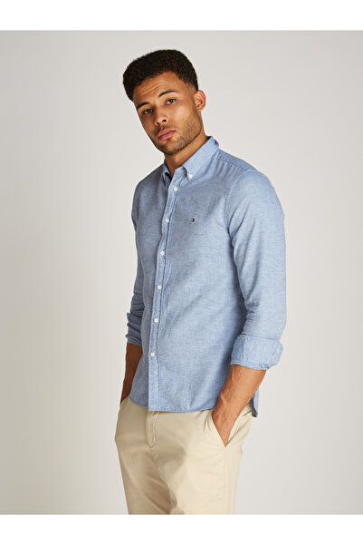 Tommy Hilfiger Men Shirt Blue Long Sleeve Brushed Linen Regular Fit Shirt