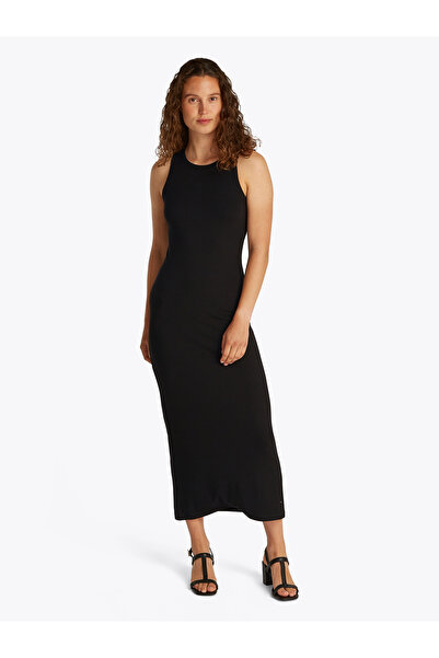 Tommy Hilfiger Women Black Slim Ribbed Midi Bodycon Dress