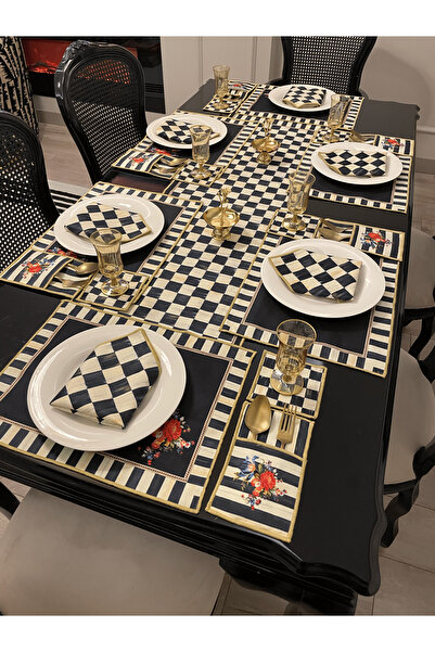 Daniel Home Design Premium | Checkers Dama Serisi – 25 Parça Amerikan Servis & Runner Masa Seti – 6 Kişilik