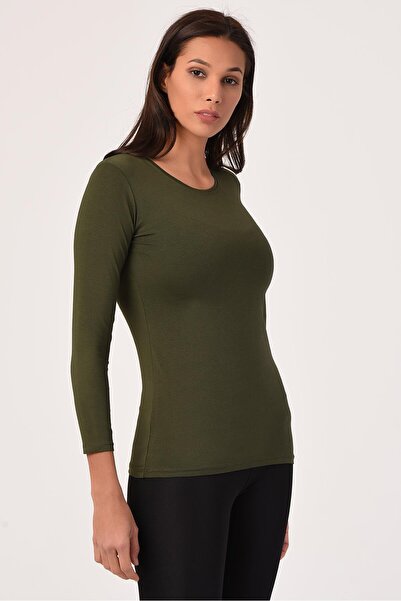 DISENTIS MODEST Round Neck Long Sleeve Cotton Khaki Bodysuit