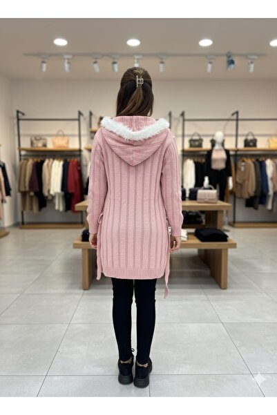 rushana KADIN kapüşon tüylü cepli Triko hırka