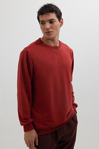 Tudors Унісекс, вільний крій, зручний крій, 100% бавовна, базовий цегляно-червоний светр з круглим вирізом