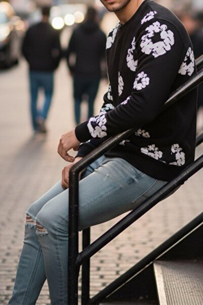 Oksit Φούτερ Karly με δύο νήματα με λουλουδάτο στάμπα με λαιμόκοψη Slim Fit Unisex