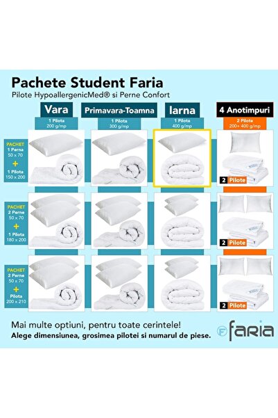 Faria Student Winter Pack: 1 Pillow 50x70 + 1 Duvet 150x200 HypoallergenicMed, 400 g/m2