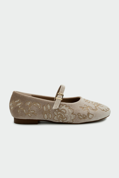 LAMİNTA Semi Beige Velvet Women's Ballerinas with Embroidery Detail