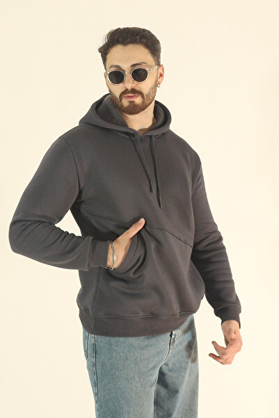 EydaMoon Erkek Basic Kışlık İçi Polarlı Sweatshirt - Koyu Füme Regular Yandan Cepli Kapüşonlu