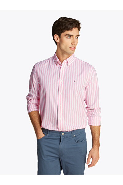 Tommy Hilfiger Men Classic Pink / Optic White Long Sleeve Flex Poplin Striped...