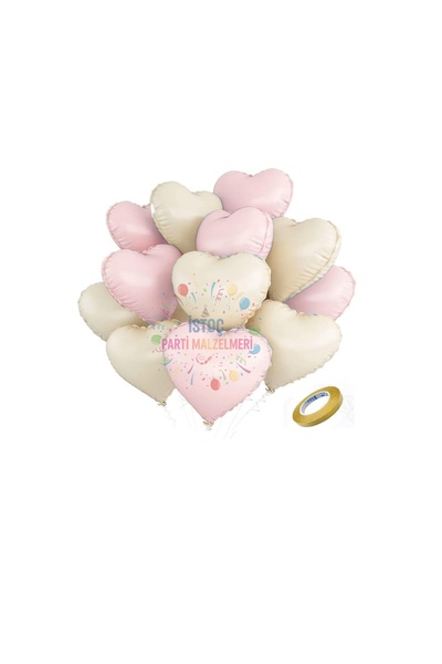 İSTOÇ PARTİ 12Pcs Pink-Beige Color Heart Foil Balloon Set