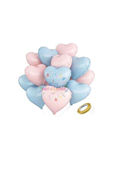İSTOÇ PARTİ 12Pcs Pink-Blue Color Heart Foil Balloon Set